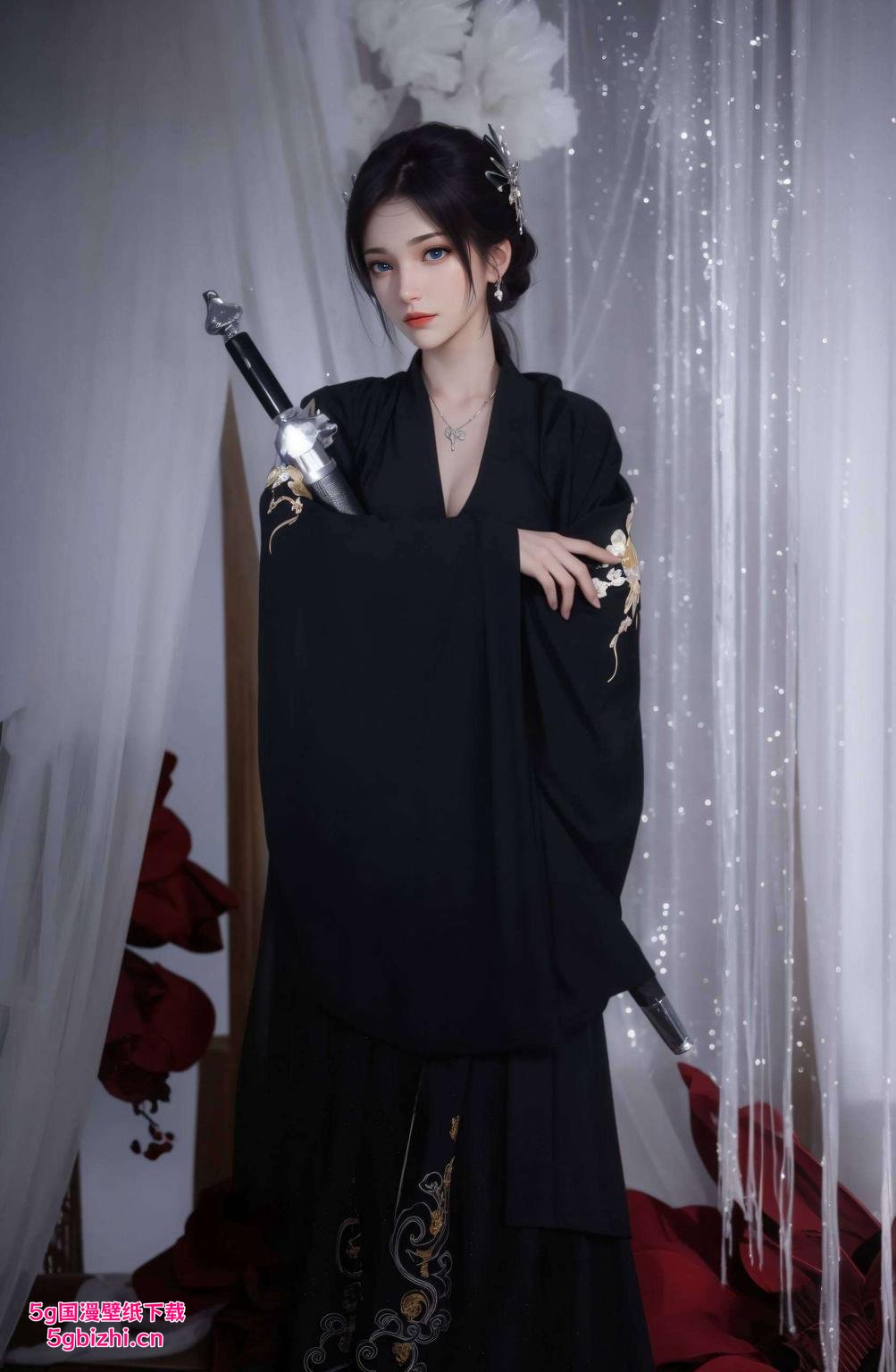 这款云韵黑纱壁纸绝对不容错过！神秘黑纱衬托出她的高贵冷艳安卓桌面必备